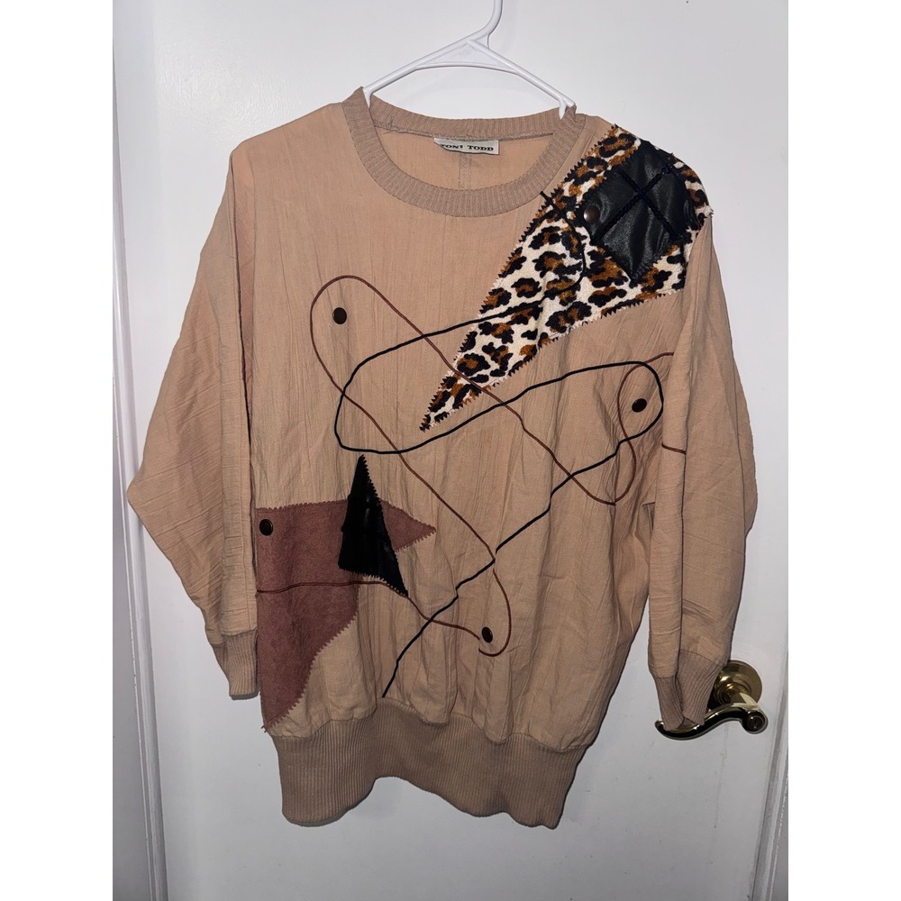 Vintage Toni Todd Abstract Mixed Media Leopard Print Patchwork Top Tan Beige